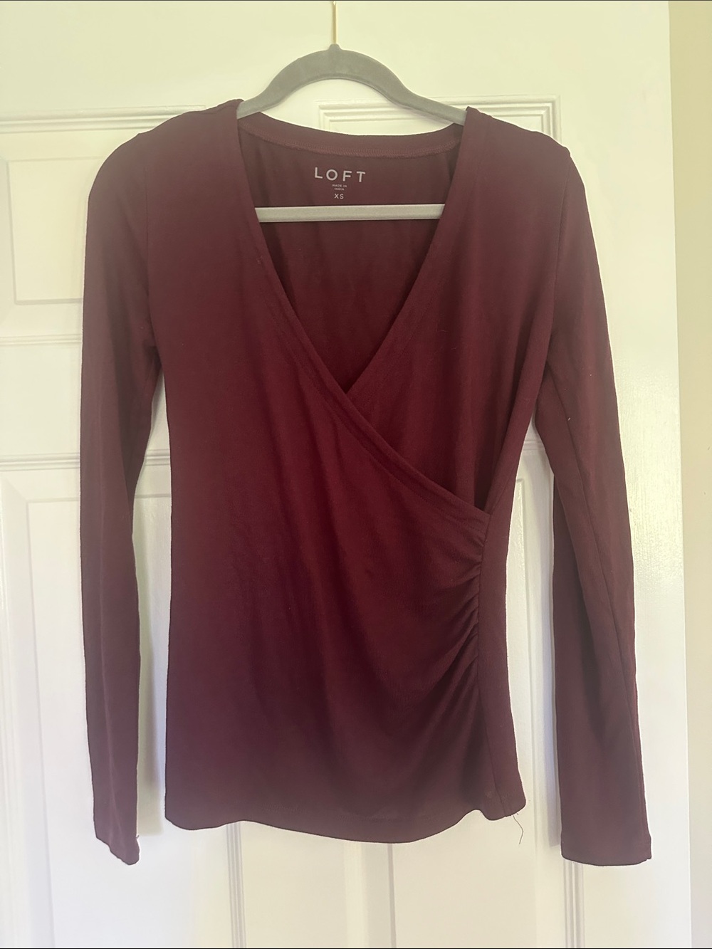 LOFT Burgundy Wrap-Style Long Sleeve Top
